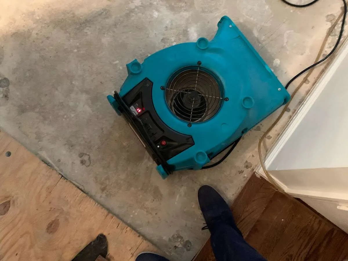 Air mover drying subfloor during Commercial Water Damage Restoration in Alden